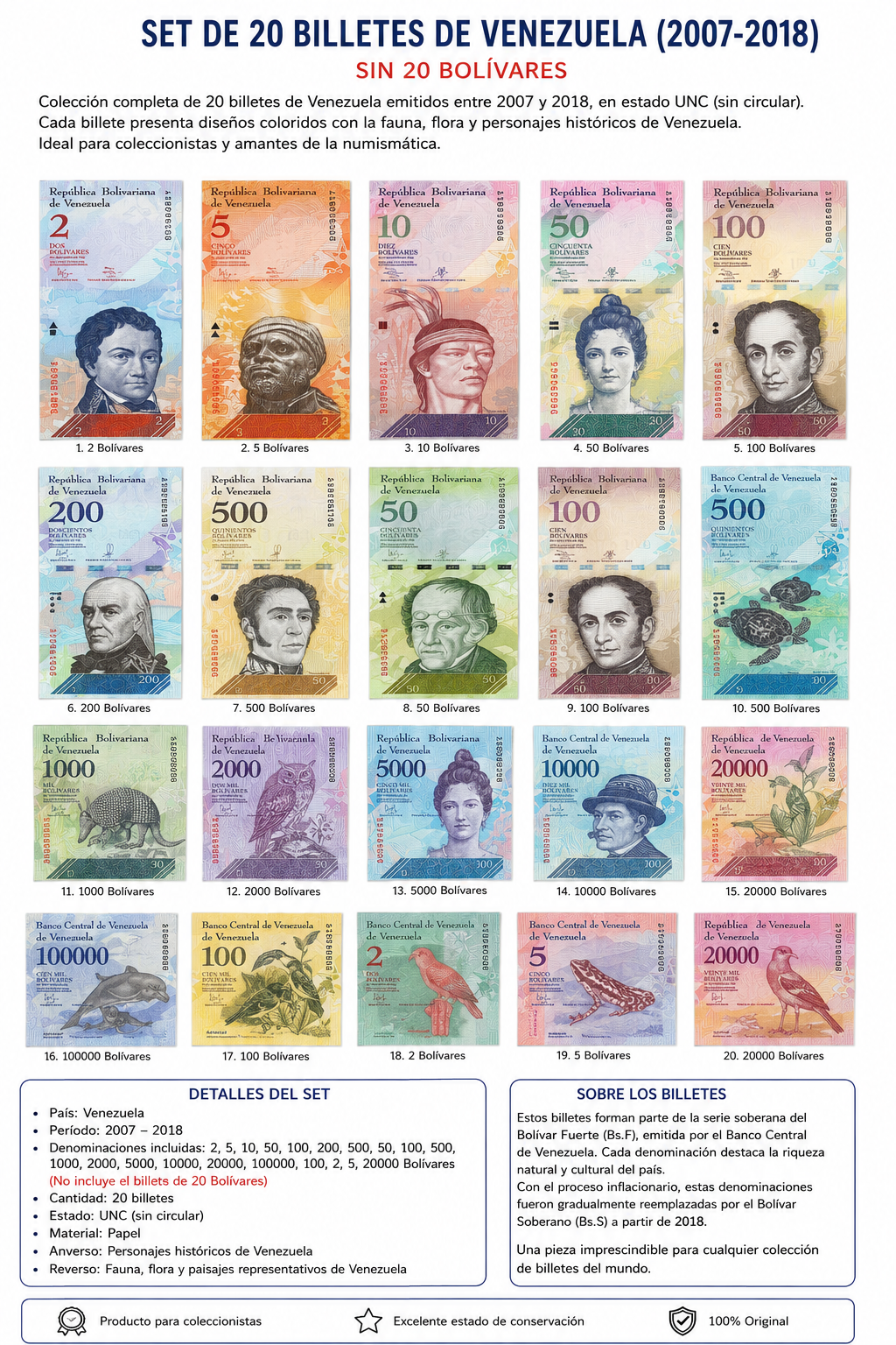 Venezuela Full Set 20 PCS 2 a 100.000 Bolivares 2 a 500 Soberanos 2007-2019 UNC